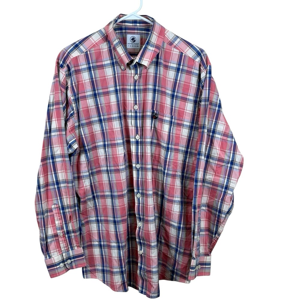 Southern Proper Shirt Mens Large PInk Blue Plaid Button Down‎ Long Sleeve